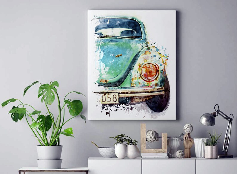 Aquarelle de voiture vintage allemande, affiche automobile imprimable, voiture classique turquoise abordable, décoration de chambre à coucher, cadeau amateur de voiture pour papa image 3