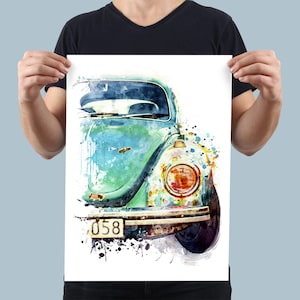 Aquarelle de voiture vintage allemande, affiche automobile imprimable, voiture classique turquoise abordable, décoration de chambre à coucher, cadeau amateur de voiture pour papa image 4