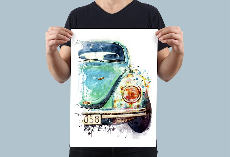 Aquarelle de voiture vintage allemande, affiche automobile imprimable, voiture classique turquoise abordable, décoration de chambre à coucher, cadeau amateur de voiture pour papa image 4