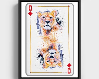 Lioness Head Queen of Diamonds Playing Card - Printable Watercolor Gift for Gamblers and Feline Lovers