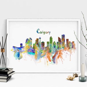 Calgary acuarela Skyline imprimible ciudad abstracta pintura varonil decoración urbana idea de regalo para papá amante de Calgary Downtown Calgary Wall Art imagen 4