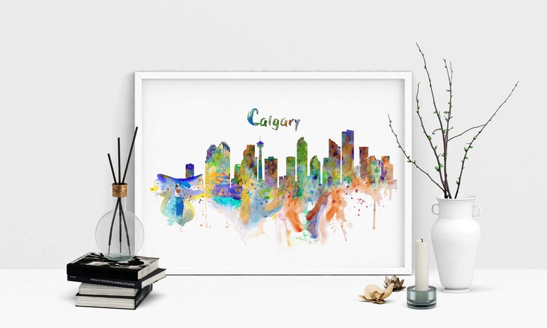 Calgary acuarela Skyline imprimible ciudad abstracta pintura varonil decoración urbana idea de regalo para papá amante de Calgary Downtown Calgary Wall Art imagen 4