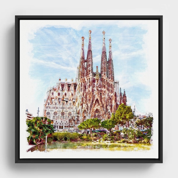 Sagrada Familia Watercolor Painting Printable Barcelona Cityscape Wall Art Gaudi Cathedral Poster I Love BCN Travel Souvenir Gift for Mom