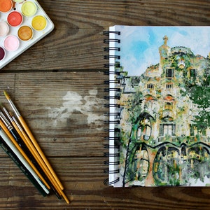 Casa Batllo Barcelona, aquarelle imprimable, architecture de Gaudi, décoration de paysage urbain espagnol, cadeau de voyage en Catalogne, souvenir d'art mural image 9