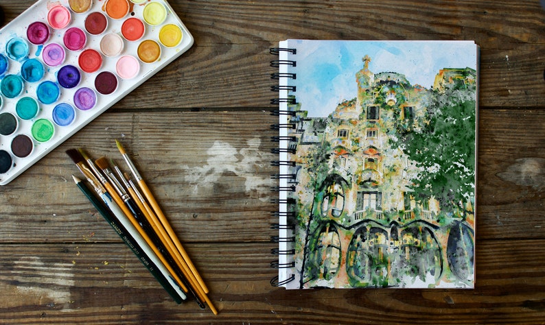 Casa Batllo Barcelona, aquarelle imprimable, architecture de Gaudi, décoration de paysage urbain espagnol, cadeau de voyage en Catalogne, souvenir d'art mural image 9