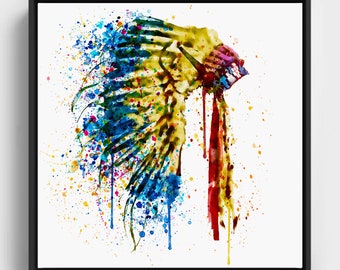 Coiffe de plumes d'amérindienne, aquarelle imprimable, art mural amérindien, coiffure indienne, éclaboussures d'aquarelle, cadeau amérindien