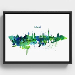 Munich Skyline Watercolor, Green and Blue Wall Art, Germany Cityscape Printable, Munich Digital Art Print, Modern Travel Decor