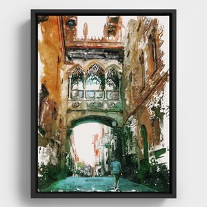 Barcelona Gothic Quarter, Carrer del Bisbe Watercolor, Spain Travel Art, Printable Cityscape Gift
