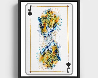 Watercolor Leopard Head Jack of Spades Playing Card Casino Decor Feline Lover Wall Art For Gambler Printable Nursery Wildlife Big Cat Poster