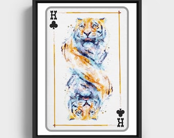 Tiger Head King of Clubs Playing Card, Printable Vibrant Watercolor Portrait, Big Cat Nursery Wall, Gift Idea for Feline Lover and Gambler
