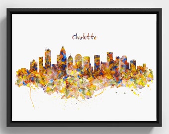 Charlotte Skyline, Horizontal Watercolor painting, Printable Poster, Charlotte Wall art, City Silhouette, Yellow and Blue, Skyline Decor