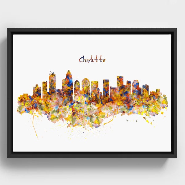 Charlotte Skyline, Horizontal Watercolor painting, Printable Poster, Charlotte Wall art, City Silhouette, Yellow and Blue, Skyline Decor