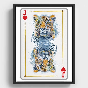 Printable Leopard Head Jack of Hearts Playing Card, Wildlife Inspired Watercolor Painting, Gift for Gambler, Casino Wall Art, Nursery Animal image 1