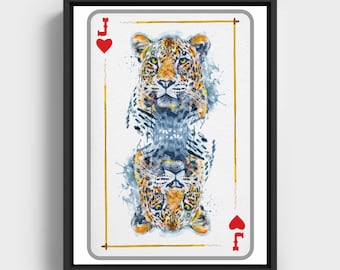 Naipe de cabeza de leopardo imprimible Jack of Hearts, pintura de acuarela inspirada en la vida silvestre, regalo para jugadores, arte de la pared del casino, animal de guardería