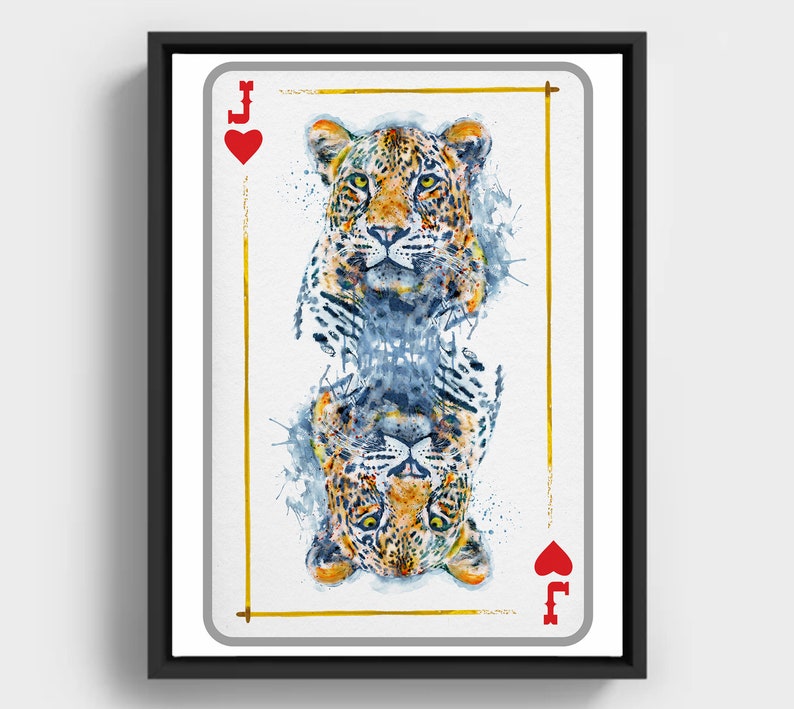 Printable Leopard Head Jack of Hearts Playing Card, Wildlife Inspired Watercolor Painting, Gift for Gambler, Casino Wall Art, Nursery Animal image 1