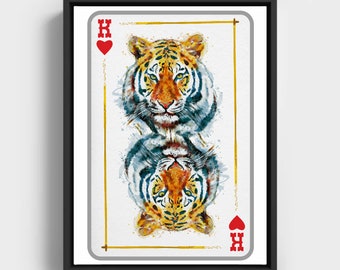 Printable Tiger Head, King of Hearts, Watercolor Animal, Casino Wall Art, Gambler Gift, Nature Inspired, Big Cat, Feline, Nursery Decor