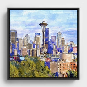 Seattle Watercolor Print: Cityscape Panorama, Space Needle Art (Digital Download