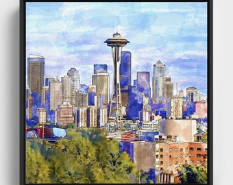 Panorama aquarelle de Seattle, aquarelle, paysage urbain de Seattle, affiche Space Needle, art mural imprimable Seattle, décoration urbaine, cadeau d'art