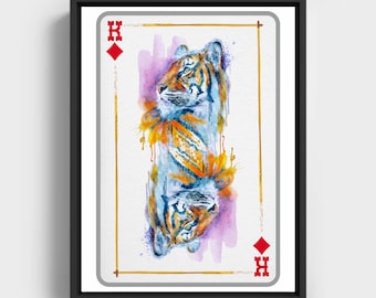 Printable Tiger Head, King of Diamonds, Playing Card, Watercolor Painting, Gambler, Casino Decor, Feline Wall Art, Nursery, Tiger Lover Gift