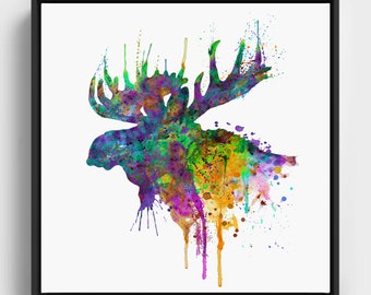 Colorful Moose Head Silhouette, Printable Watercolor Painting, Moose Wall Art, Gift for Hunter, Mountain Cabin Decor, Moose Poster, Art gift