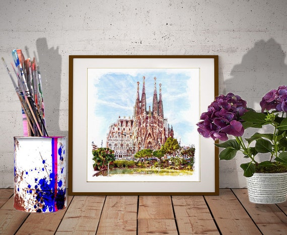 Printable Watercolor painting of Sagrada Familia/ Gaudi wall | Etsy