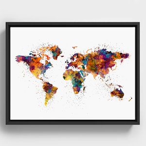 Bunte Weltkarte, Aquarell Wandkunst, druckbares globales Poster, modernes Reise-Dekor, inklusive 4 Größen