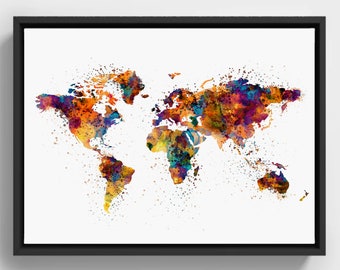 Colorful Map of the World, INSTANT DOWNLOAD, Watercolor painting Wall art, Printable World map poster, Contemporary World map Wall decor