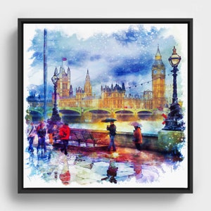 London Rainy Day Print, Watercolor Cityscape, London Wall Art, British Home Decor, Printable Travel Poster