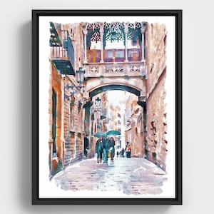 Carrer del Bisbe Watercolor Printable, Barcelona Gothic Quarter Art, Rainy Street Wall Decor, Travel Poster, Instant Download
