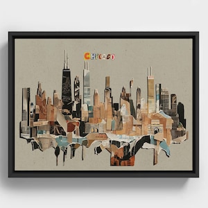Collage dello skyline di Chicago, paesaggio urbano astratto, arte murale moderna stampabile, città moderna ritagliata su carta, 4 dimensioni disponibili