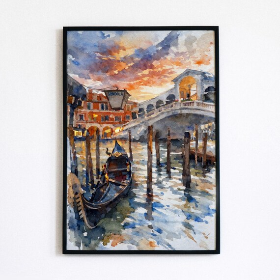 Venetian Gondola Rialto Bridge Watercolor Art, Venice Cityscape Print, Italy Canal Digital Download Printable