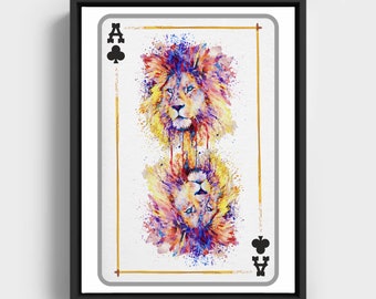 Lion Head Ace of Clubs Playing Card, Printable Casino Wall Art, Gift for Feline Lover or Gambler, Big Cat Watercolor Nursery Animal Decor