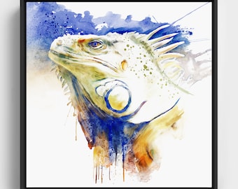 Iguana Head Profile, Watercolor Portrait, Downloadable Reptile Art, Wildlife, Blue and Brown Painting, Dripping Paint, Gift for Iguana Lover