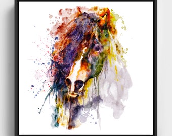 Retrato de acuarela imprimible de una cabeza de caballo abstracta, pintura de caballos asequible, regalo para los amantes de los caballos, animales de granja, pintura de sementales