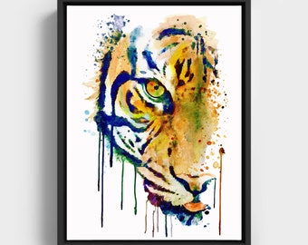 Half Faced Tiger Watercolor portrait for Instant Download, Tiger Head poster, Felines Watercolor painting, Big cats, Printable tiger gift