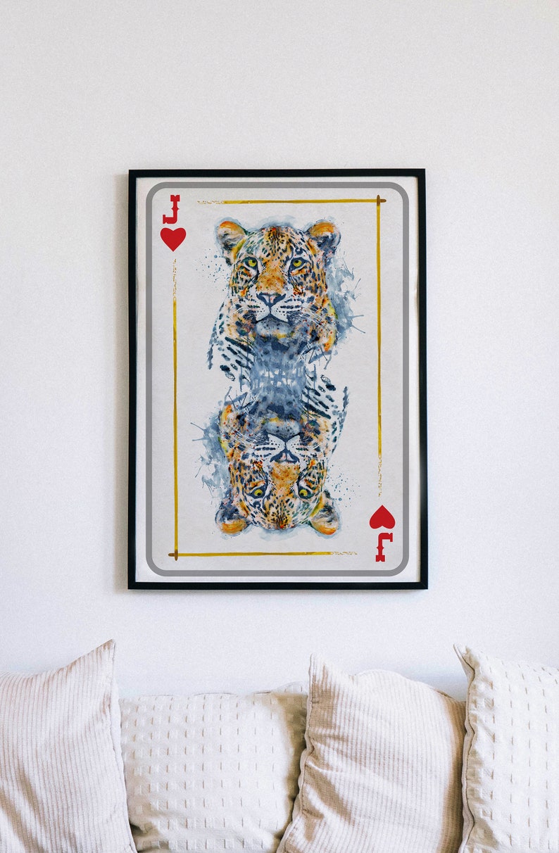 Printable Leopard Head Jack of Hearts Playing Card, Wildlife Inspired Watercolor Painting, Gift for Gambler, Casino Wall Art, Nursery Animal image 3