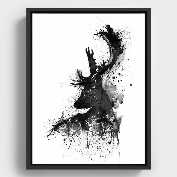 Aquarelle silhouette cerf noir, cerf abstrait, cadeau cerf aquarelle, art de la cabane de montagne, faune, affiche de cerf imprimable