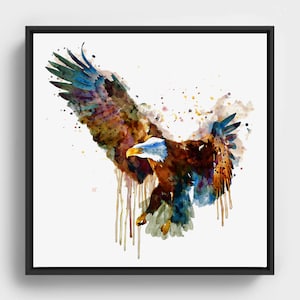 Arte de acuarela de águila calva, pájaro en vuelo imprimible, decoración de fauna americana, arte mural de águila azul y marrón, póster de descarga instantánea