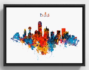 Printable Horizontal Watercolor Skyline of Dallas, Watercolor painting, Dallas Wall art, Skyline decor, Skyline painting, Dallas poster