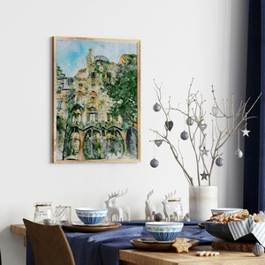 Casa Batllo Barcellona, pittura ad acquerello stampabile, architettura di Gaudi, arredamento del paesaggio urbano spagnolo, regalo di viaggio in Catalunya, souvenir d'arte da parete immagine 4