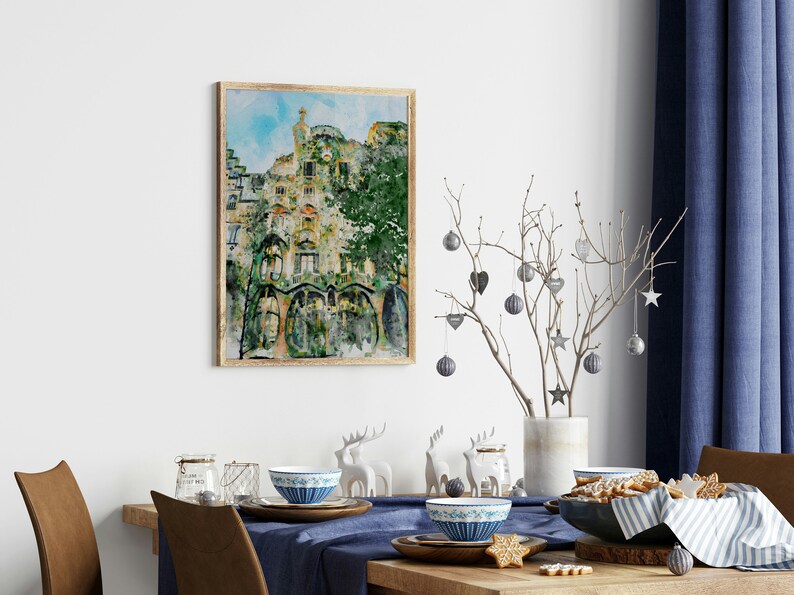 Casa Batlló Barcelona, Pintura de acuarela imprimible, Arquitectura de Gaudí, Decoración del paisaje urbano español, Regalo de viaje de Cataluña, Recuerdo de arte de pared imagen 4