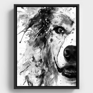 Black and White Australian Shepherd Watercolor, Half Face Dog Portrait, Aussie Pet Wall Art Print, Instant Dog Decor Download