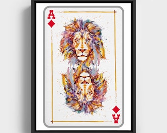 Lion Head, Ace of Diamonds, Playing Card, Gift for Gambler, Big Cat, Feline Lover, Card Game, Casino Decor, Game Room Art, Nursery Animal