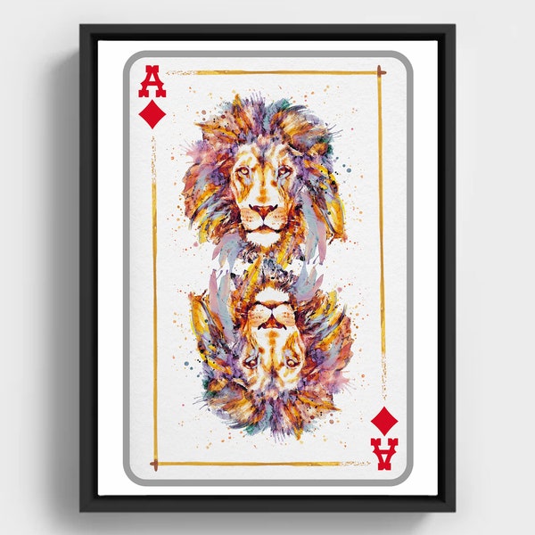 Lion Head, Ace of Diamonds, Playing Card, Gift for Gambler, Big Cat, Feline Lover, Card Game, Casino Decor, Game Room Art, Nursery Animal