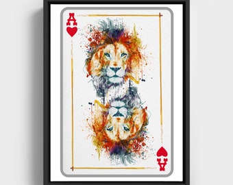 Printable Lion Head, Ace of Hearts, Playing Card, Watercolor Painting, Gift for Gambler, Big Cat, Feline, Wildlife, Nursery Art, Kids Room