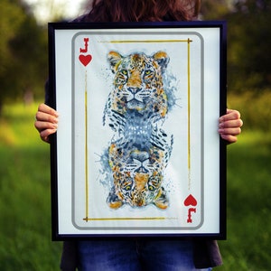 Printable Leopard Head Jack of Hearts Playing Card, Wildlife Inspired Watercolor Painting, Gift for Gambler, Casino Wall Art, Nursery Animal image 5