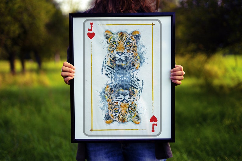 Printable Leopard Head Jack of Hearts Playing Card, Wildlife Inspired Watercolor Painting, Gift for Gambler, Casino Wall Art, Nursery Animal image 5
