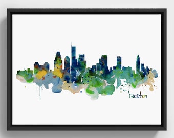 Boston Skyline, silueta de acuarela horizontal descargable, arte de la pared de Boston, regalo Skyline menor de 10 años, decoración de pared imprimible, cartel de Boston