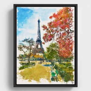 Eiffel Tower Park View Watercolor Printable Art, Paris Cityscape Wall Art for Living Room or Office