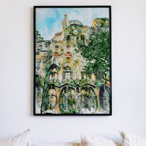 Casa Batllo Barcellona, pittura ad acquerello stampabile, architettura di Gaudi, arredamento del paesaggio urbano spagnolo, regalo di viaggio in Catalunya, souvenir d'arte da parete immagine 3